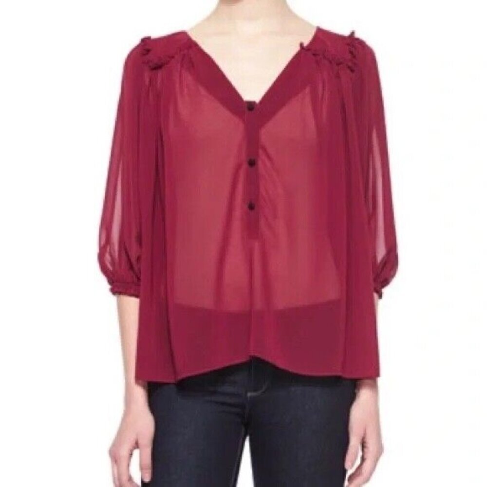 Misa Los Angeles Sheer Chiffon Wine Top V neck Pleated Ruffle Size MEDIUM